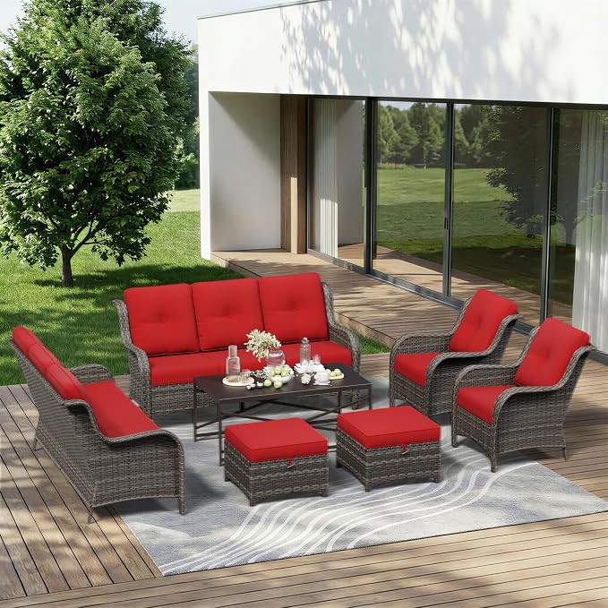 7 Piece Outdoor Wicker Patio Furniture Set, Patio Chairs Set with Thickened Olefin Cushions, High Back and Deep Seating, Hand-Woven PE Rattan, Ottoman for Porch, Deck