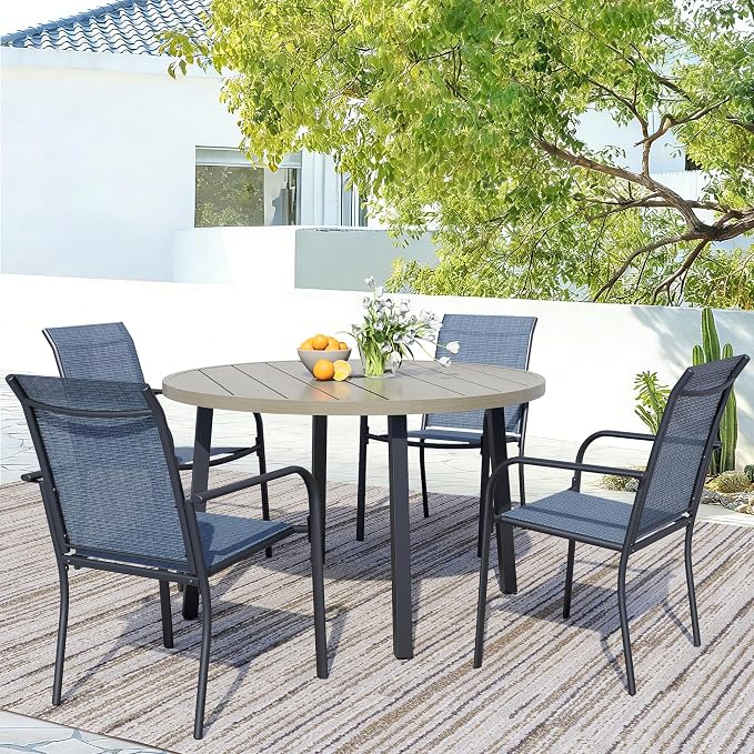 5 Piece Patio Dining Set for 4, 42” Honey Oak Round Table with Umbrella Hole and 4 Blue Patio Stackable Chairs, Patio Table and Chairs for Backyard, Lawn, Deck & Garden