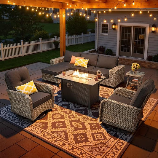 8-Piece Wicker Outdoor Sectional Furniture with Firepit Table, Wide Armrest Patio Couch Set Swivel Rocking Chair Ottoman, Modern Modular Conversation Sets for Backyard Deck Garden, Black