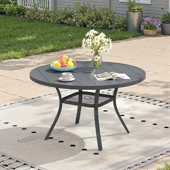 Outdoor Dining Table with Adjustable Umbrella Hole, 40.6" All-Weather Round Patio Dining Table for 4, Metal Patio Table with Storage Shelf for Garden Lawn Porch Deck Yard, Dark Grey