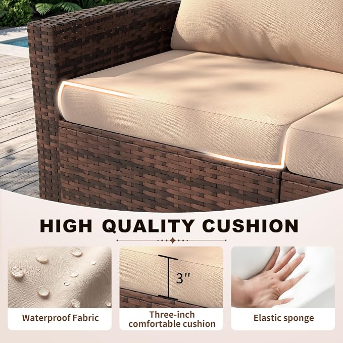 UDPATIO Patio Furniture Set, Outdoor Furniture Sets with Loveseats Sofa, Wicker Rattan Outdoor Conversation Set with Storage CoffeeTable for Backyard, Deck, Porch,Brown/Grey