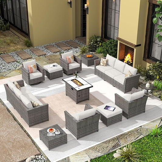 CAODOC 16 Pieces Patio Furniture Conversation Set with 42" Fire Pit Table Rocking Chair Outdoor Sectional Gray Wicker Sofa Set