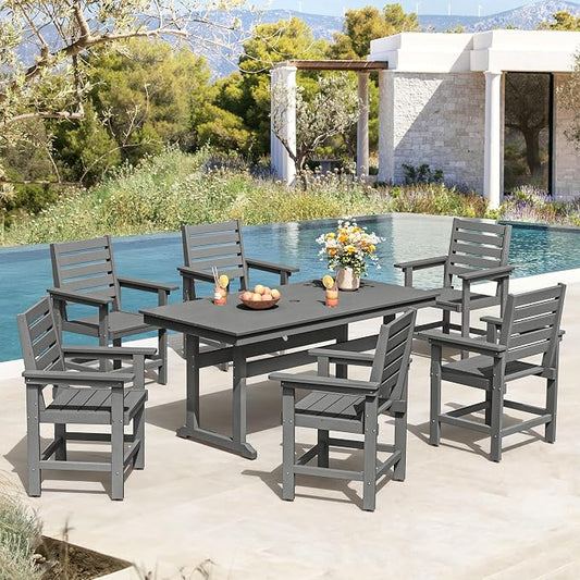 7 Piece Patio Dining Set, 66" Rectangle HDPS Weather Resistant Outdoor Table & 6 Patio Chairs Set with 1.96" Umbrella Hole, Heavy Duty Chairs for Backyard Balcony Deck, Grey