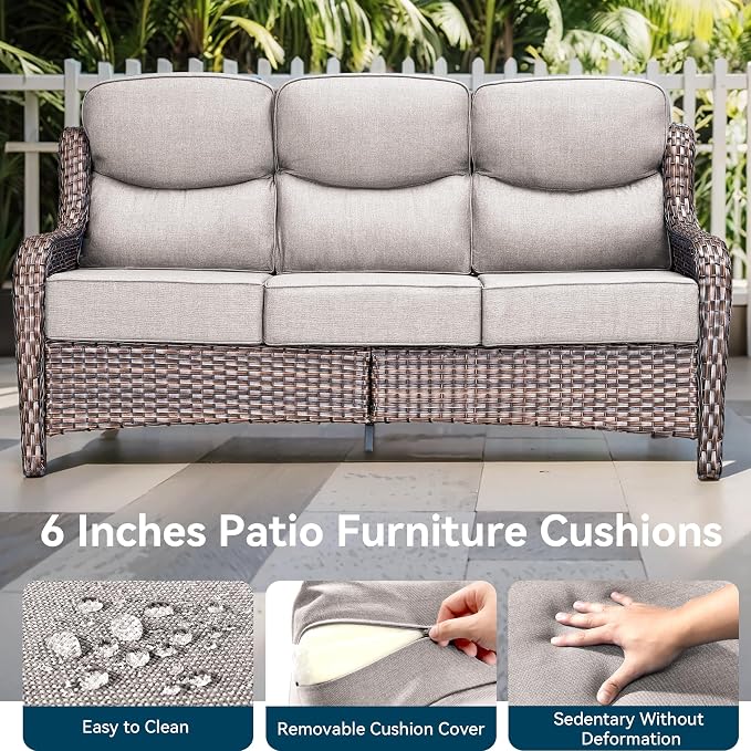 Luxury Outdoor Patio Furniture Set-Wicker High Backrest 3-Seat Patio Sofa with Comfy 6" Cushion, Rattan Couch with Deep Seat All-Weather Patio Conversation Set for Deck Backyard Garden(Brown/Beige)