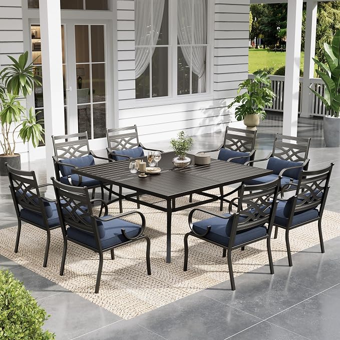 Sophia & William Patio Dining Set, Steel, Black | Umbrella Hole, E-Coated, Cushions Included, For Patio, Garden and Yard