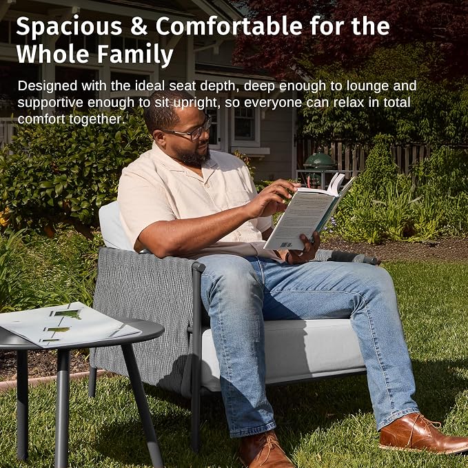 East Oak 3-Piece Patio Furniture Set | Armchairs & Coffee Table | Outdoor Furniture with Cushions | Deep Seating Modern Conversation Set | Garden, Porch, Balcony & Backyard | Misty Grey