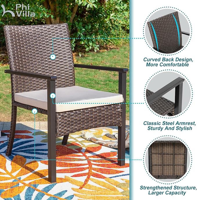 PHI VILLA 5pc Patio Dining Set with Umbrella, Square Table, Rattan Chairs | 37" Wood-like square dining table, cushioned wicker chairs, 10ft blue umbrella. Perfect for patio, deck, yard, porch.