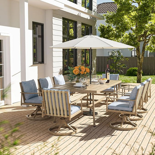 HAPPATIO Patio Dining Set for 8, Aluminum Dining Set, Swivel Rockers, Brown
