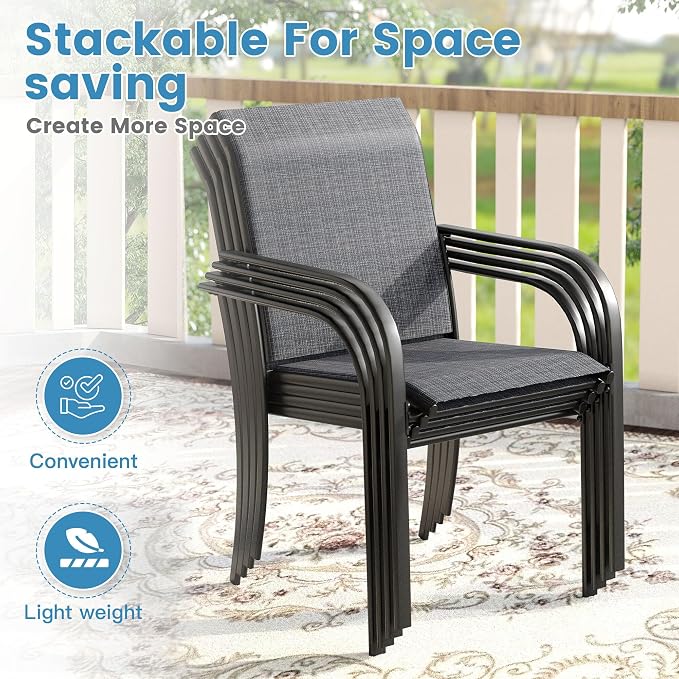 DIFY Patio Dining Set for 6, 7 Piece Outdoor Table and Chairs Set, 50" Black Round Metal Patio Dining Table and 6 Grey Textilene Stackable Patio Chairs, for Backyard Garden Poolside