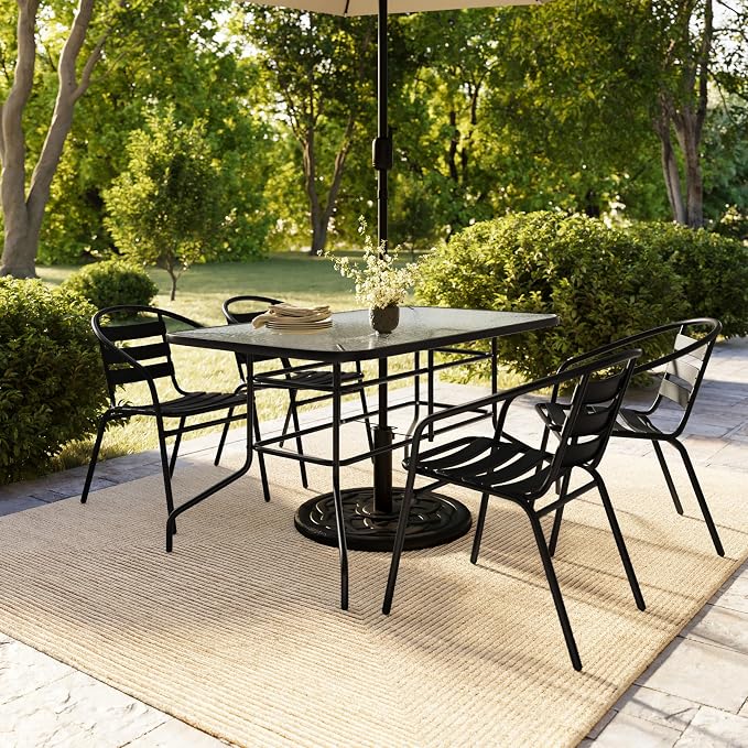 Flash Furniture Lila 5 Piece Patio Dining Set - 55" Tempered Glass Patio Table with Umbrella Hole - 4 Black Metal Aluminum Slat Stack Chairs