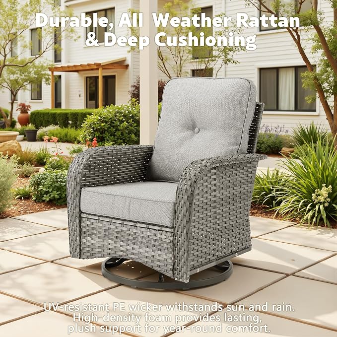 CAODOC Patio Furniture, All Weather Wicker 6 PCS Outdoor Sofa with High Back Swivel Rocker Chairs, Conversation Set with Solar Light Coffee Table,Light Rattan Dark Gray Cushion