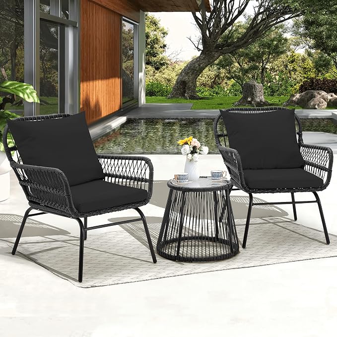 EROMMY 3-Piece Patio Conversation Bistro Set, Outdoor All-Weather Wicker Balcony Furniture with Tempered Glass Top Table & 2 Wide Ergonomic Armchairs, Seat Cushions for Porch Backyard, Black