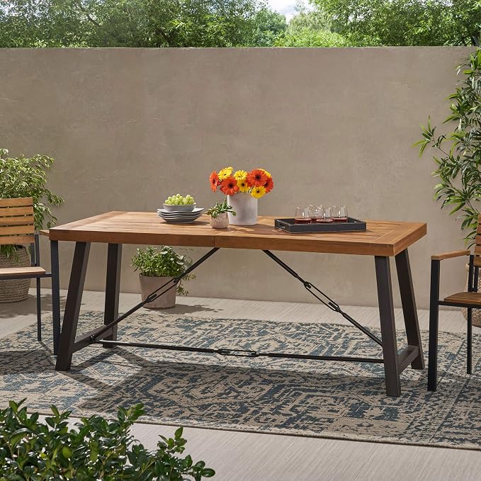 Acacia Wood Outdoor Dining Table Metal Base Teak Color Durable All-Weather Design Ideal for Patio Garden and Backyard Use