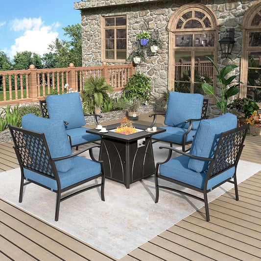 MIXPATIO Patio Furniture Set with Fire Pit Table, 5 Pcs Metal Outdoor Conversation Set, 4 Single Chairs with 5.75" Extra Thick Cushion and 28" Fire Pit Table for Backyard Deck, Navy Blue