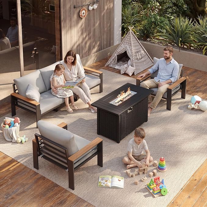 Aoxun Patio Furniture Set, Aluminum Patio Set with Fire Pit Table and 5" Thicken & Washable Cushion, Waterproof Outdoor Furniture, Outdoor Couch Sectional for Backyard (5 Seats/F, Grey)