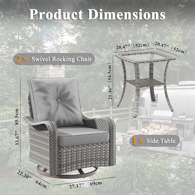 2-Seat Modern Patio Furniture Set with Swivel Rocking Chairs, Thick 4″ Cushions, Dual-Strand Wicker Rattan, Rust-Resistant Steel Frame – Outdoor Conversation & Modular Sectional,Gray