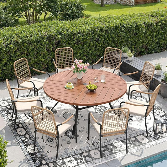 DIFY 9 Pieces Outdoor Dining Set, Metal Patio Table and Chairs Set for 8, 53.1" Round Dining Table with Umbrella Hole & Wicker Stackable Patio Chairs with Cushions, Walnut Tabletop