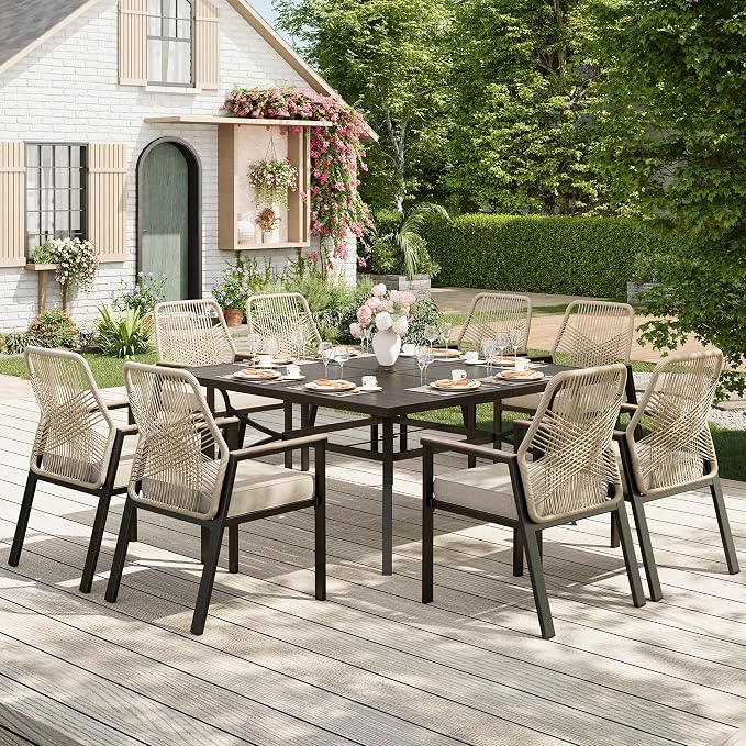 MIXPATIO 9 Pieces Outdoor Dining Set for 8, 57.5" Patio Dining Set Wicker Rattan Chairs with Soft Cushion and Square Table with Umbrella Hole, Wicker Patio Table and Chairs for Backyard Porch