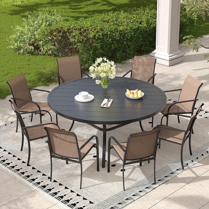 Patio Table and Chairs Set for 8, Outdoor Dining Set with 8 Stackable Dining Chairs and 53" x 53" Metal Slatted Round Dining Table for Porch, Deck, Lawn, Garden, Brown & Black