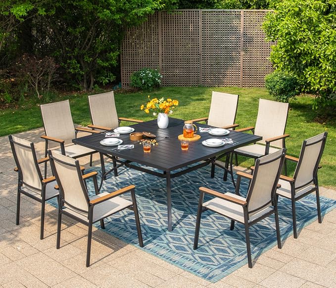 Sophia & William Patio Dining Set for 8, Square Table & Aluminum Chairs | Metal table, Beige Stackable Chairs, Breathable & quick-drying, Light-weight & space-saving, Umbrella Hole, Outdoor