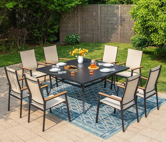 Sophia & William Patio Dining Set for 8, Square Table & Aluminum Chairs | Metal table, Beige Stackable Chairs, Breathable & quick-drying, Light-weight & space-saving, Umbrella Hole, Outdoor