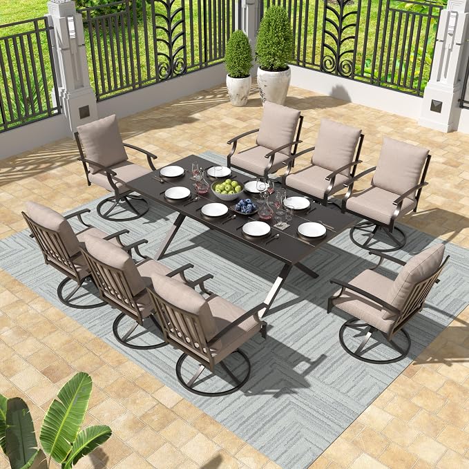 Gotland 9 Piece Outdoor Dining Set, Metal Outdoor Table and Swivel Chairs with X-Shaped Legs 1.5" Umbrella Hole, Patio Furniture Set with Waterproof Cushions, Patio Dining Sets for Backyard Deck Khaki