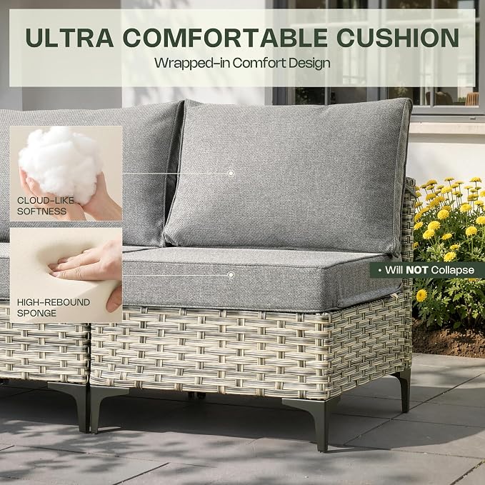 5 Piece Outdoor Sectional Patio Furniture Set with Solar Lighted Coffee Table, Modular Wicker Conversation Set with Flexible L-Shaped Layout for Porch Balcony Backyard, Dark Gray