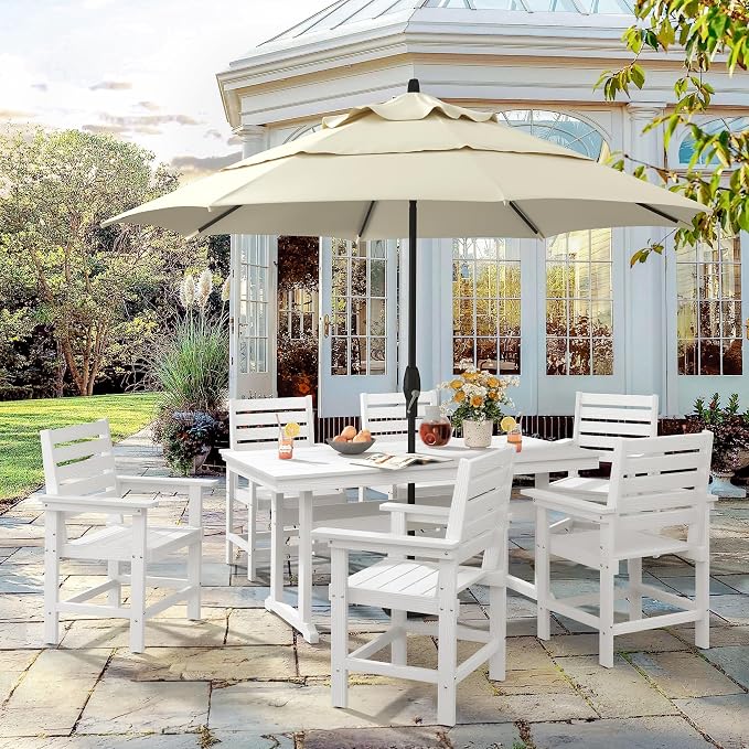 Rectangle Outdoor Dining Tables for 6, HDPS Weather Resistant Patio Dining Table, 66" Outdoor Tables with 1.96" Umbrella Hole for Porch, Balcony, Backyard, White