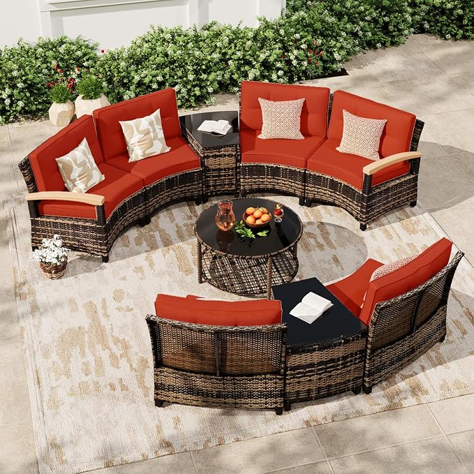 MEISSALIVVE 9-Piece Half-Moon Curved Outdoor Patio Furniture Set, Sectional Conversation Sofa with Wood Armrests, Coffee & Side Tables for Backyard Deck Garden, Red