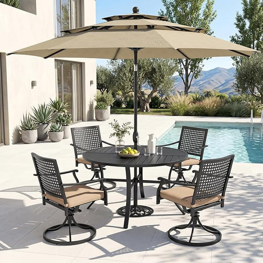 PHI VILLA Outdoor Round Table Set w/Umbrella, Patio Metal Furniture for 4 | 42" wrought iron table & swivel chairs. 10ft beige umbrella. 5pc dining set for deck, porch, backyard.