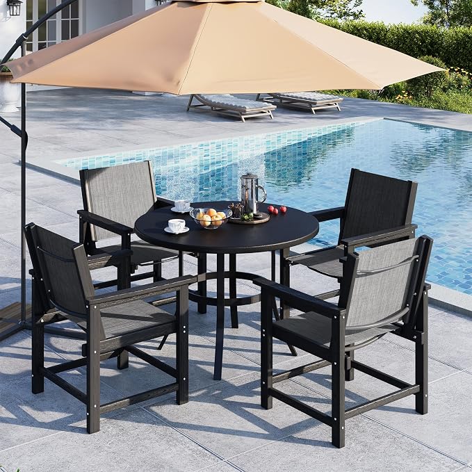 Amopatio Outdoor HDPE Dining Chairs Set of 4 All-Weather Patio Chairs with Textilene Backrest Heavy Duty for Porch Backyard Deck Lawn Garden, Black