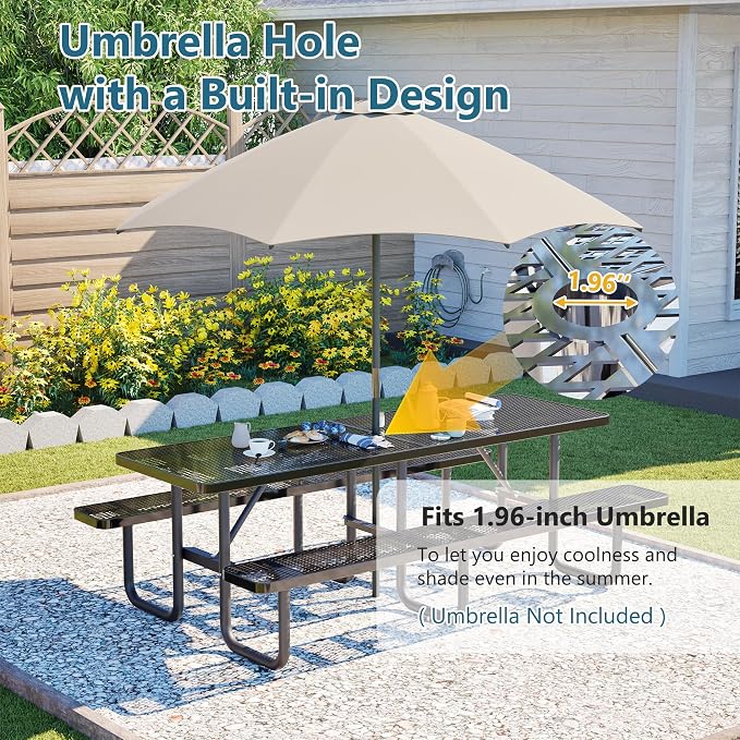 96" Heavy Duty Outdoor Picnic Table for 10, Galvanized Steel Frame with Umbrella Hole, 882LBS Capacity, Mesh Top – Picnic Camping Patio Garden Black