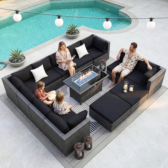 NICESOUL 13 Pcs Outdoor Sectional Set with Natural Gas/Propane Firepit Table, 29.3'' High-Back Patio Furniture Sofa Set, Oversized Rattan Couches for Backyard Garden Lawn, 2 Color Cushion Black & Gray