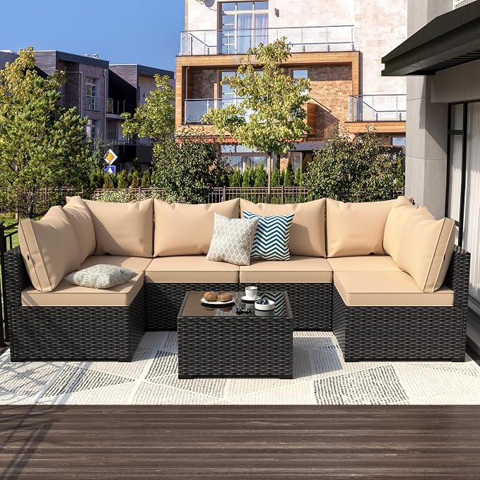 Patio Furniture Set, 7PCS Outdoor Sectional PE Rattan Patio Conversation Set w/Thickened Cushion Modular Wicker Patio Sofa Set w/Coffee Table for Balcony, Backyard(Coffee)