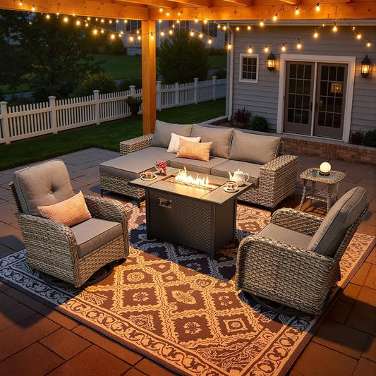 8-Piece Wicker Outdoor Sectional Furniture with Firepit Table, Wide Armrest Patio Couch Set Swivel Rocking Chair Ottoman, Modern Modular Conversation Sets for Backyard Deck Garden, Dark Gray