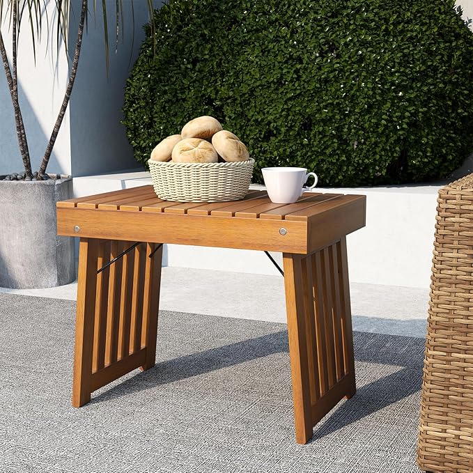 RELAX4LIFE Folding Outdoor Side Table - Acacia Wood Portable Patio End Table w/Slatted Tabletop, Outside Wooden Coffee Table for Backyard Balcony Porch Poolside Garden, Foldable Small Patio Table (1)