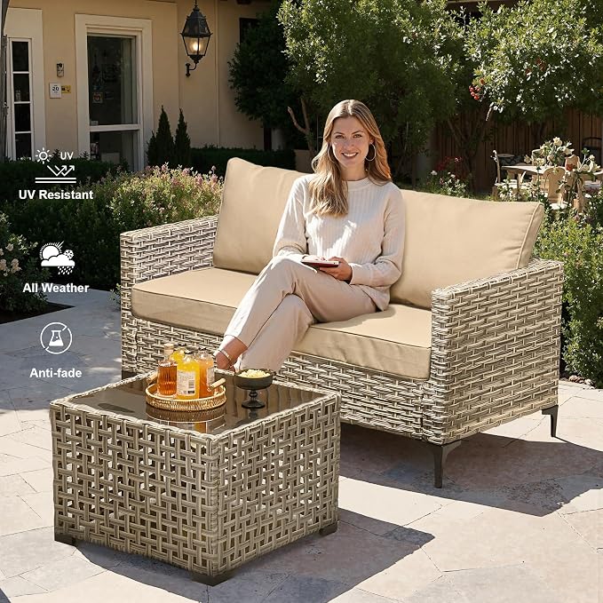 Outdoor Patio Furniture Sets,9 PCS Patio Conversation Set Outside Rattan Sectional Sofa with 42 in Square Fire Pit Table Wicker Rocking Chair Coffee Table Fit Backyard Garden Poolside Balcony