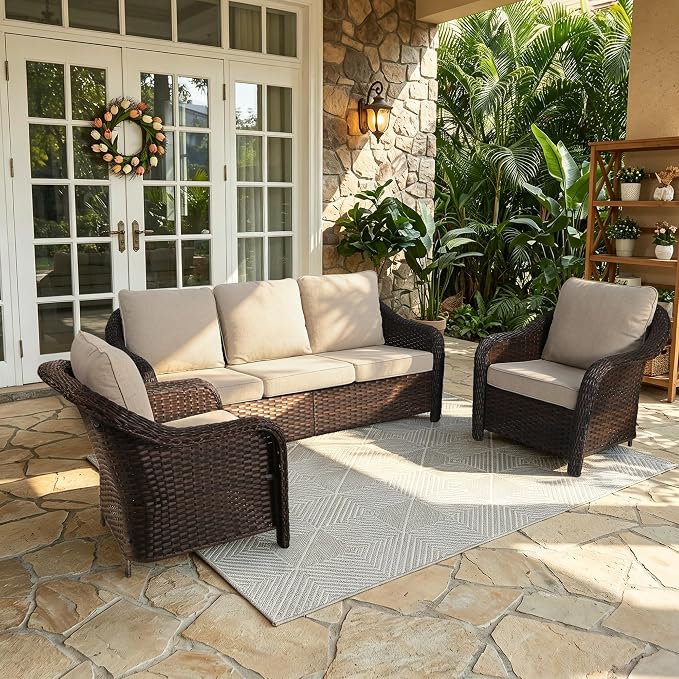 3 Piece Patio Wicker Conversation Set, All-Weather Use Outdoor Wicker Sofa with 2 PE Rattan Chair, Ideal for Porch, Backyard, Balcony, Poolside, Beige
