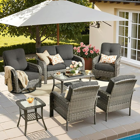 ovios 7-Piece Patio Furniture Set, Outdoor Wicker Sofa with Swivel Chairs Coffee Table, High Back Rattan Couch Loveseat with Comfy Cushions for Porch Yard Deck, Black