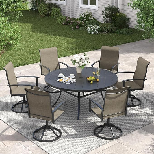 VICLLAX 7 Pieces Patio Dining Set, Outdoor Dining Set for 6-50" Round Outdoor Table and Swivel Patio Chair Set for Deck, Lawn and Garden, Black Table and Chairs