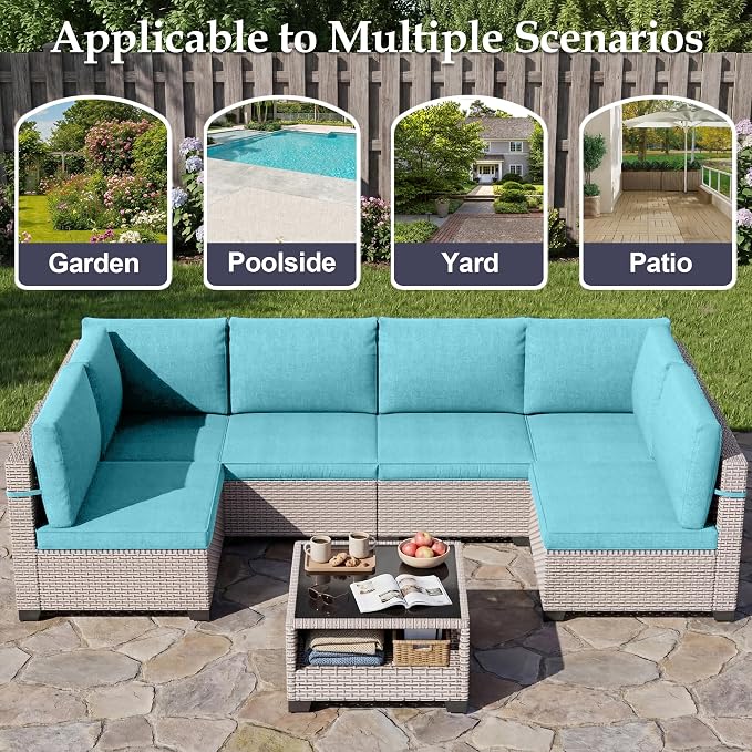Patio Furniture Set, 7-Piece Outdoor Sectional Sofa with 2-Layer Glass Coffee Table, Wicker Patio Conversation Set with Cyan Cushions for Backyard, Poolside, Porch