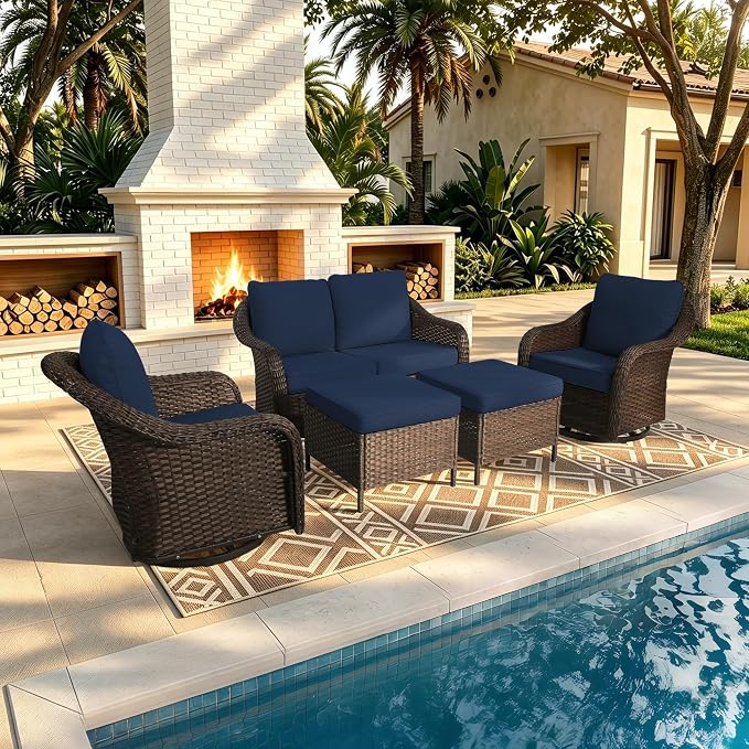 5 Piece Patio Wicker Conversation Set, All-Weather Use Outdoor Wicker Loveseat with 2 PE Rattan Ottomans,2 Swivel Chair, Ideal for Porch, Backyard, Balcony, Poolside, Blue