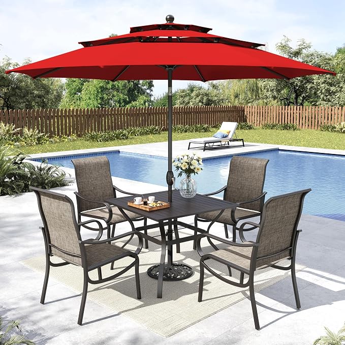 MFSTUDIO Outdoor Dining Set with Umbrella, Patio Dining Set for 4 Persons, Patio Furniture Set with Square Table & Textilene Chairs & Orange Red Umbrella (Base not Included)