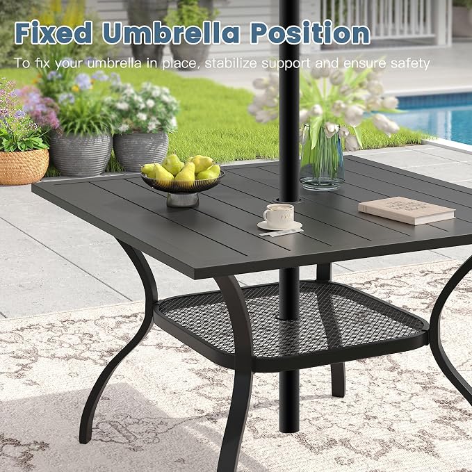 DIFY 5 Piece Outdoor Dining Set, 38" Black Square Metal Patio Table and Dark Grey Textilene Stackable Chairs for 4, All Weather Patio Furniture Set with Umbrella Hole for Backyard Garden Deck