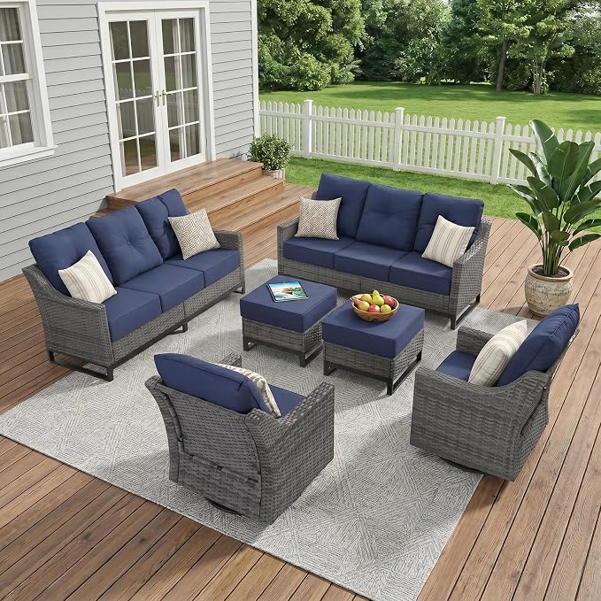 6 Piece Patio Furniture Set,360°Swivel Glider Patio Chairs Set of 2, 2 Sofas, 2 Ottomans,Comfortable Seating with 6 Inch Thick Cushions, All-Weather Wicker Patio Set For Porch Deck Balcony Garden