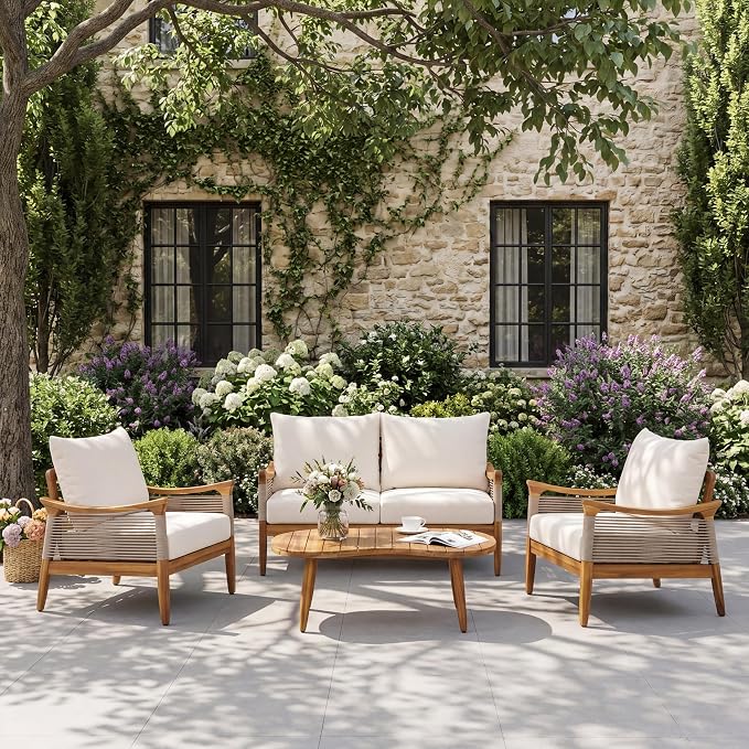 Christopher Knight Home Havets 4 Piece Patio Conversation Sets, Outdoor Acacia Wood Patio Seating Group,Woven Rope Loveseat Chairs with Cushions and Coffee Table for Porch Backyard Balcony, Teak+Beige