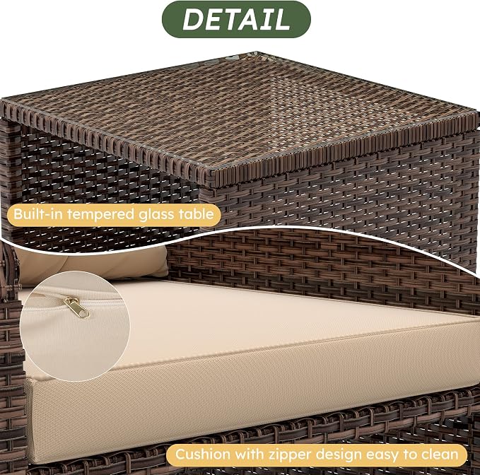 LHBcraft 5 Piece Outdoor Furniture Set, PE Rattan Balcony Furniture with Soft Cushions, Patio Set 2 Ottoman & Table for Porch, Lawn, Garden, Brown