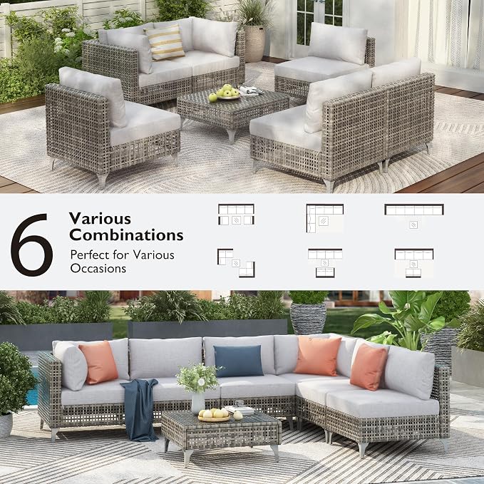 7-piece Wicker Patio Furniture Set, Outdoor Conversation Set Sectional Sofa with Water Resistant Grey Thick Cushions and Coffee Table for Outdoor Couch, Porch, Backyard - Grey