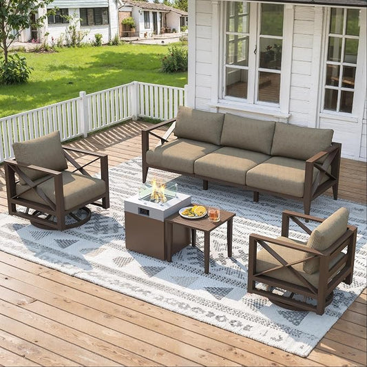 Aluminum Patio Furniture Set with Fire Pit Table, 7-Piece All-Weather Outdoor Conversation Set with Swivel Rocking Chairs, Oversized Modern Sofa for Backyard, Deck, Balcony-Brown