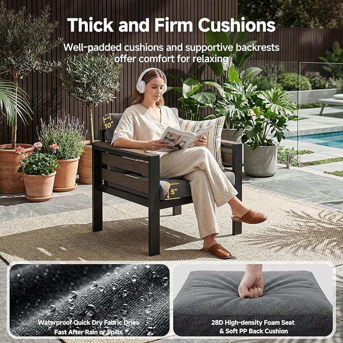 Outdoor Aluminum Patio Furniture Armchair, 2Pcs Patio Conversation Armchair with Thick Washable Cushions and 15.2"H Supported Back, Oversized 3.2” Widened Armrest for Backyard Porch Deck Dalcony